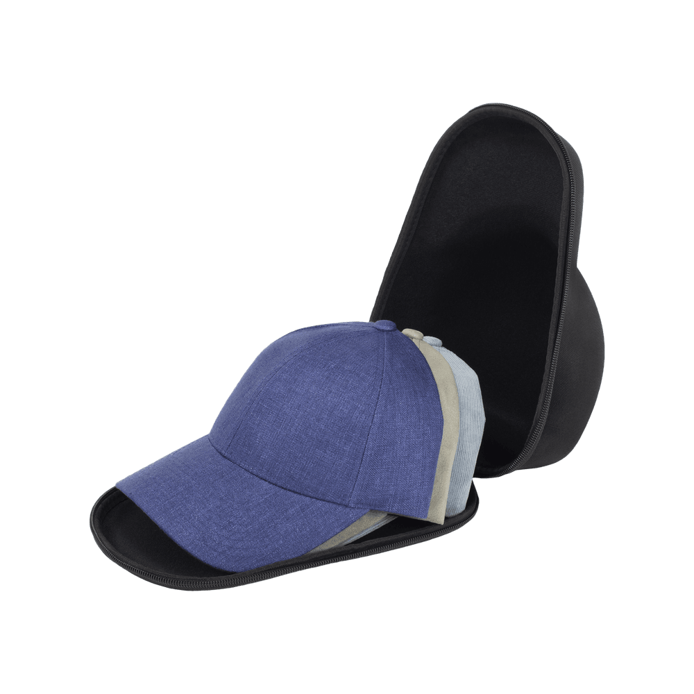 Front view of a black travel case from Varsity Headwear with three caps inside