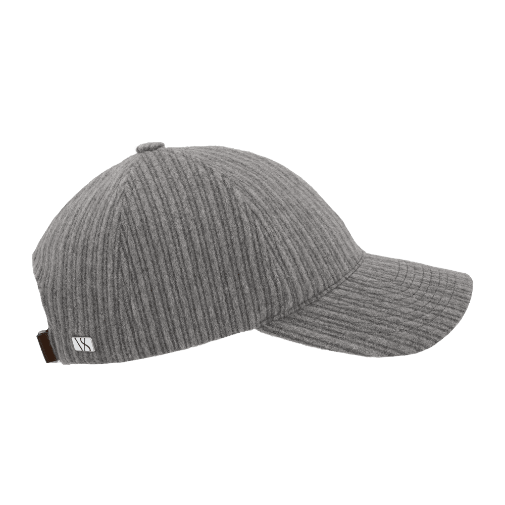 Side view of a grey legacy soft baseball cap in corduroy from Varsity Headwear