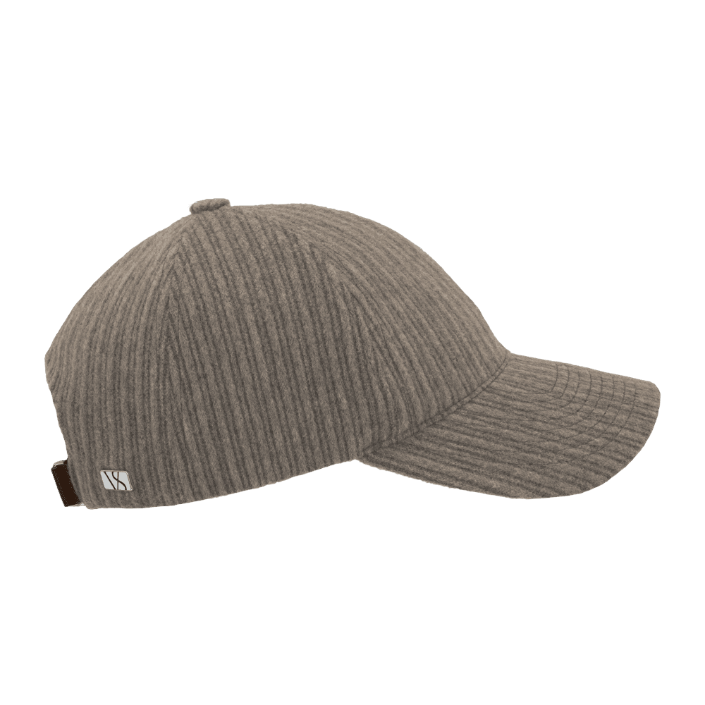 Side view of a beige legacy soft baseball cap in corduroy from Varsity Headwear