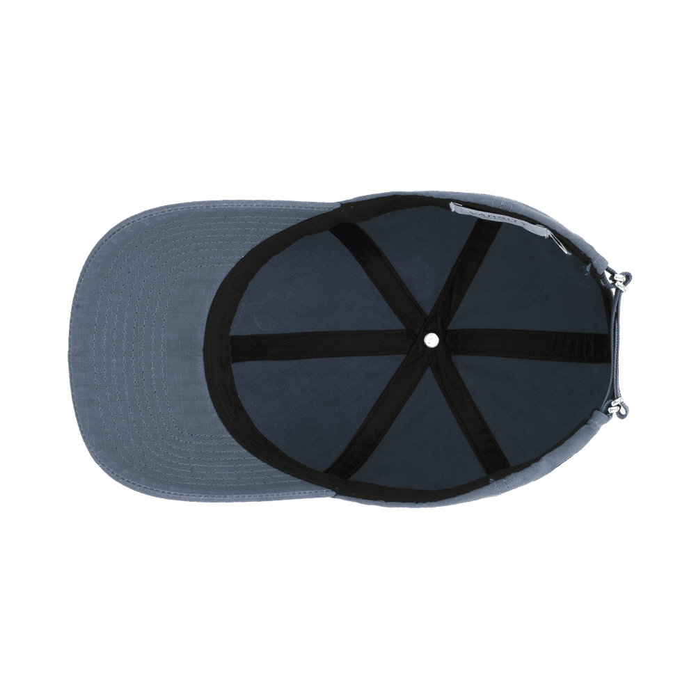 Inside view of a Varsity Headwear legacy soft oilskin blue ripstop baseball cap