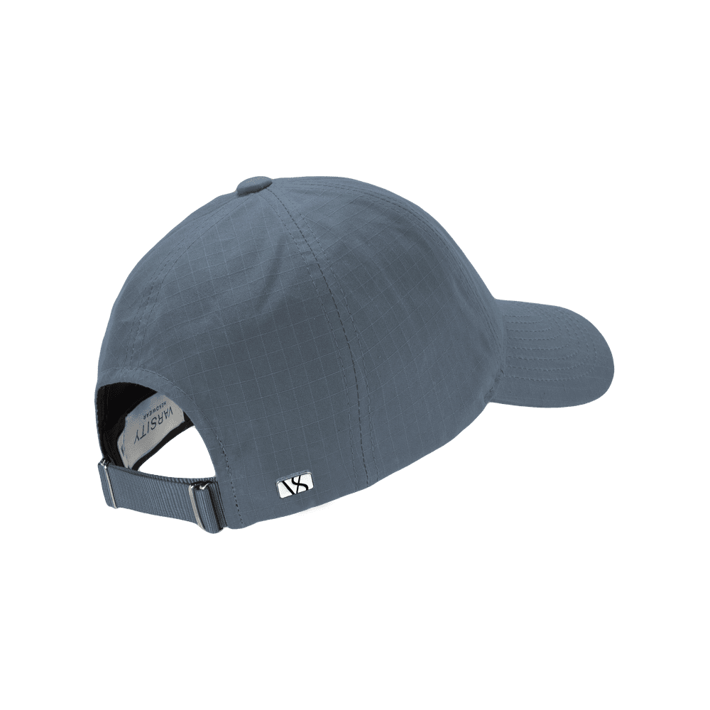 Back view of a Varsity Headwear legacy soft oilskin blue ripstop baseball cap