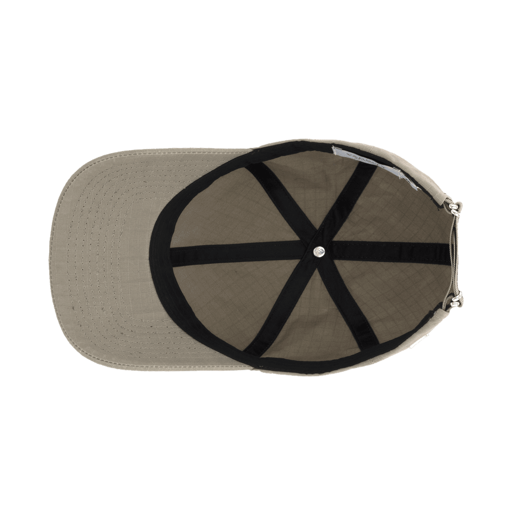 Inside view of a Varsity Headwear legacy soft oilskin beige ripstop baseball cap