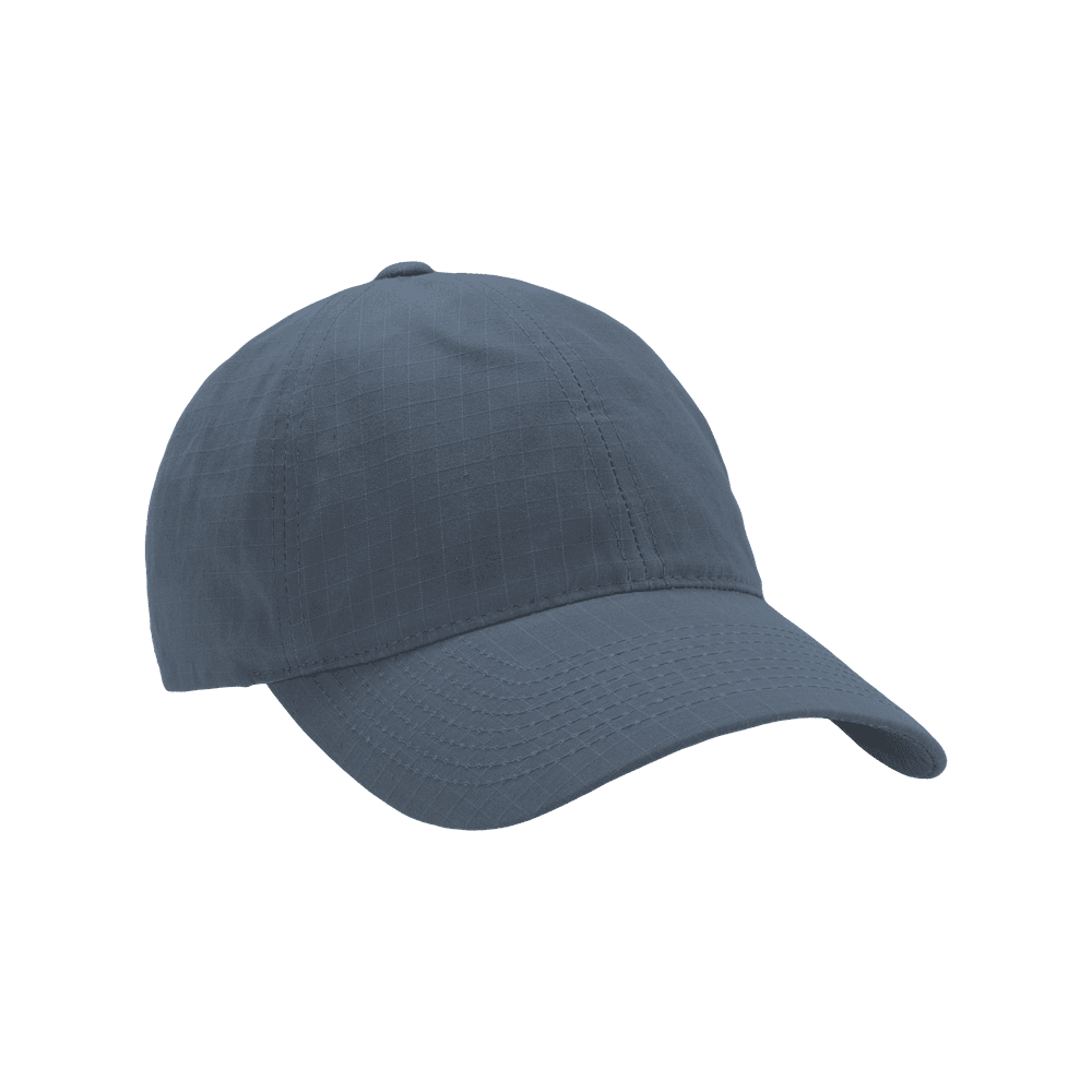 Front view of a Varsity Headwear legacy soft oilskin blue ripstop baseball cap