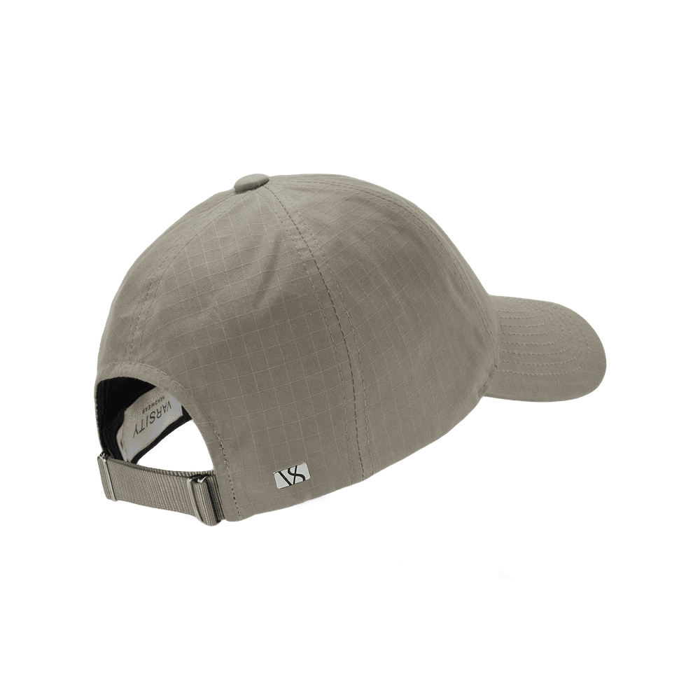 Back view of a Varsity Headwear legacy soft oilskin beige ripstop baseball cap