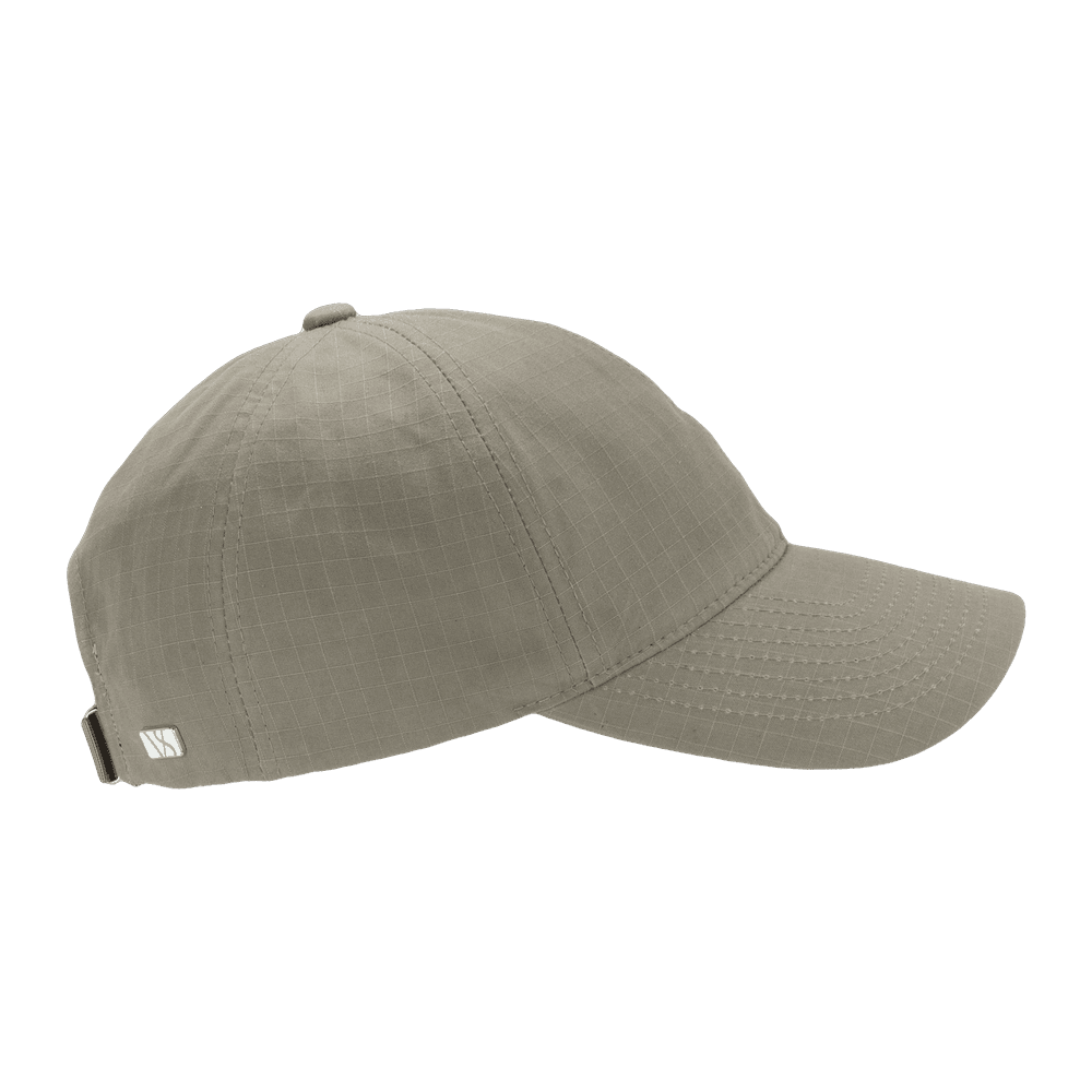 Side view of a Varsity Headwear legacy soft oilskin beige ripstop baseball cap