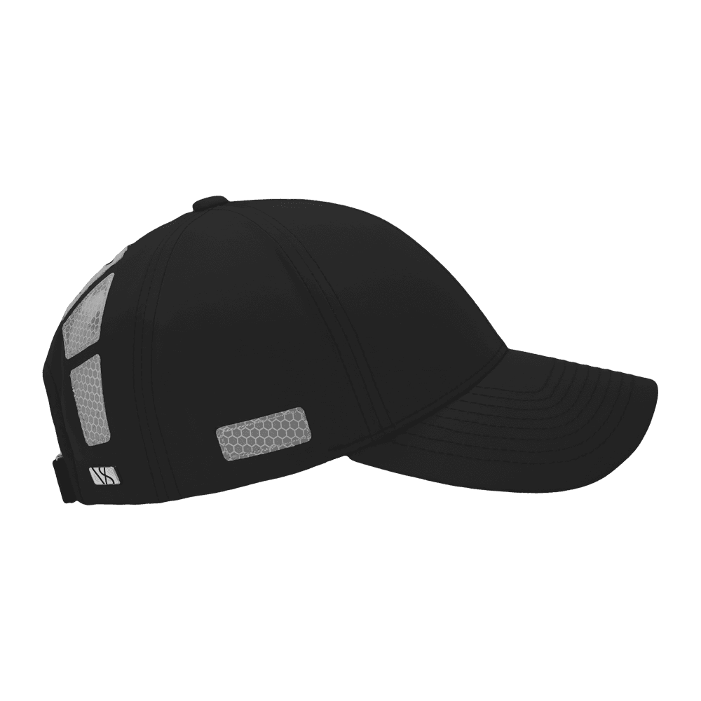 Side view of a Varsity Headwear legacy structured athletic sport reflex black baseball cap