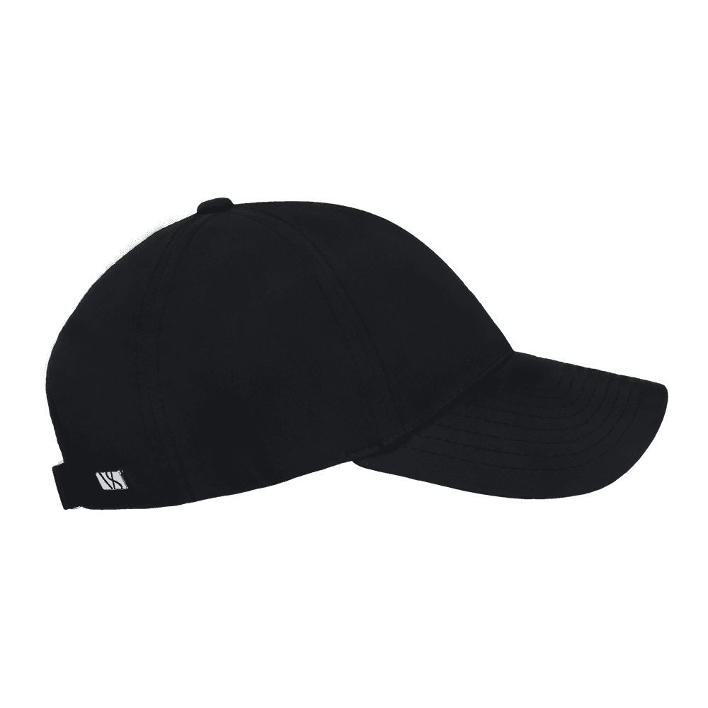 Side view of a Varsity Headwear legacy structured athletic sport black baseball cap