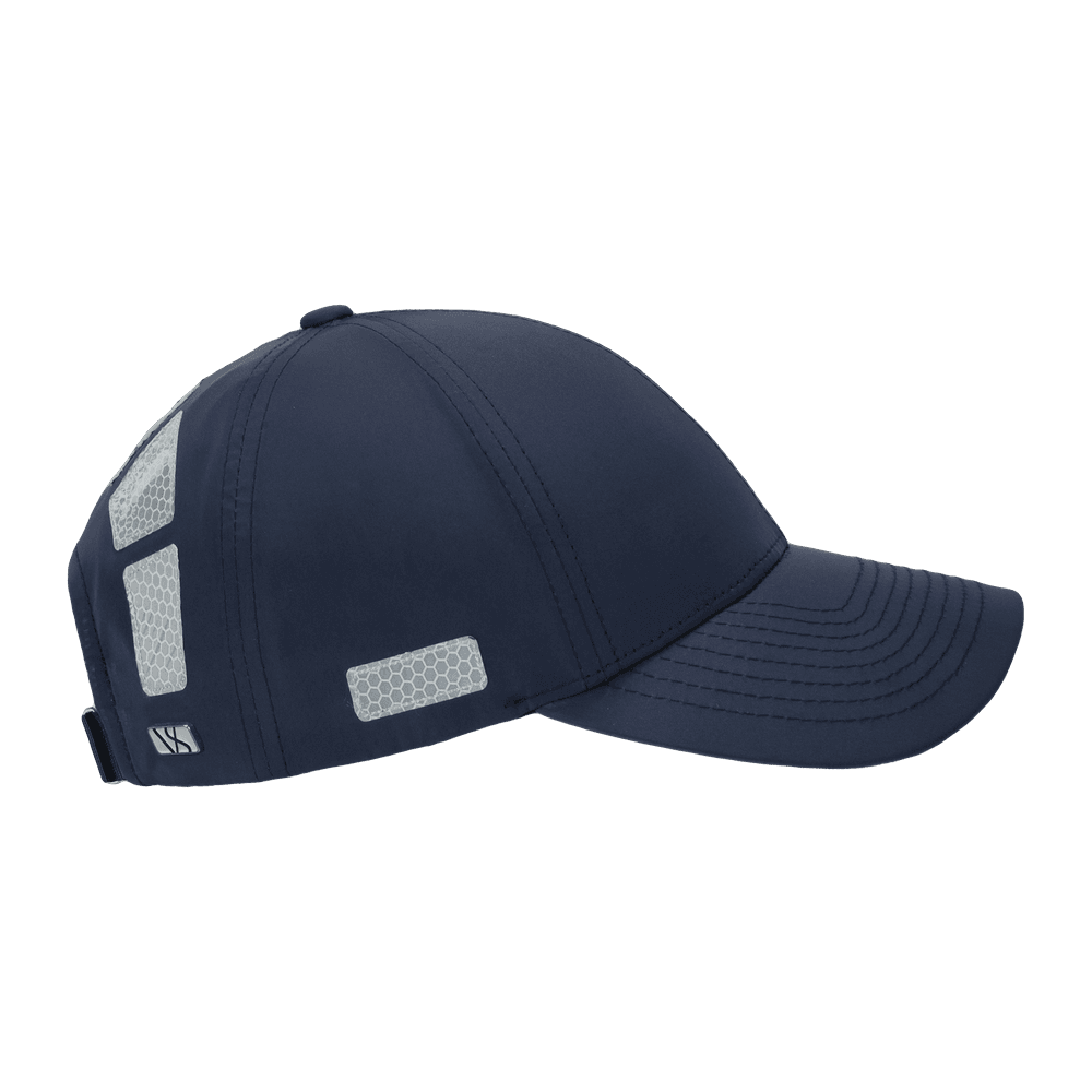 Side view of a Varsity Headwear legacy structured athletic sport reflex navy baseball cap