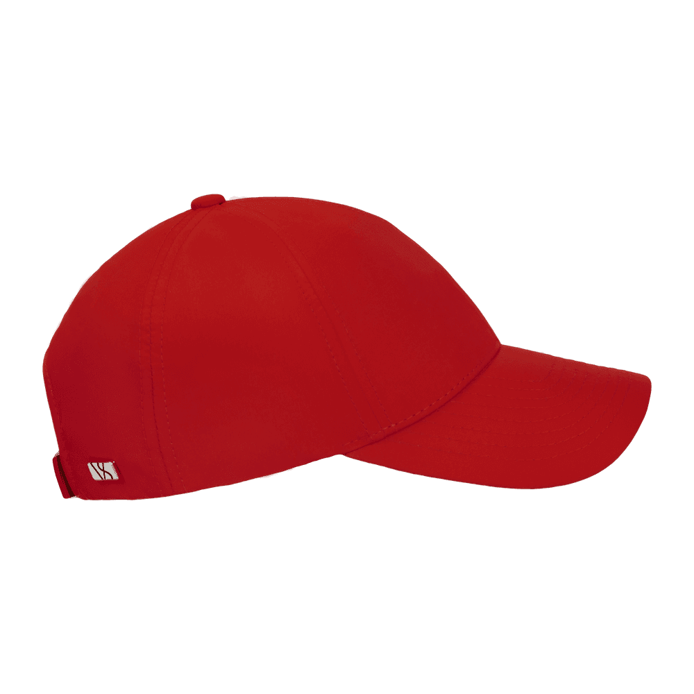 Side view of a Varsity Headwear legacy structured athletic sport red baseball cap