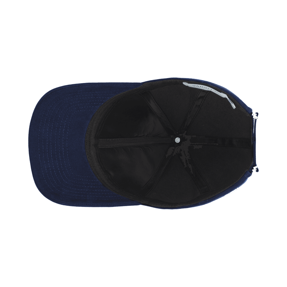 Inside view of an alcantara Varsity Headwear legacy structured commodore blue baseball cap