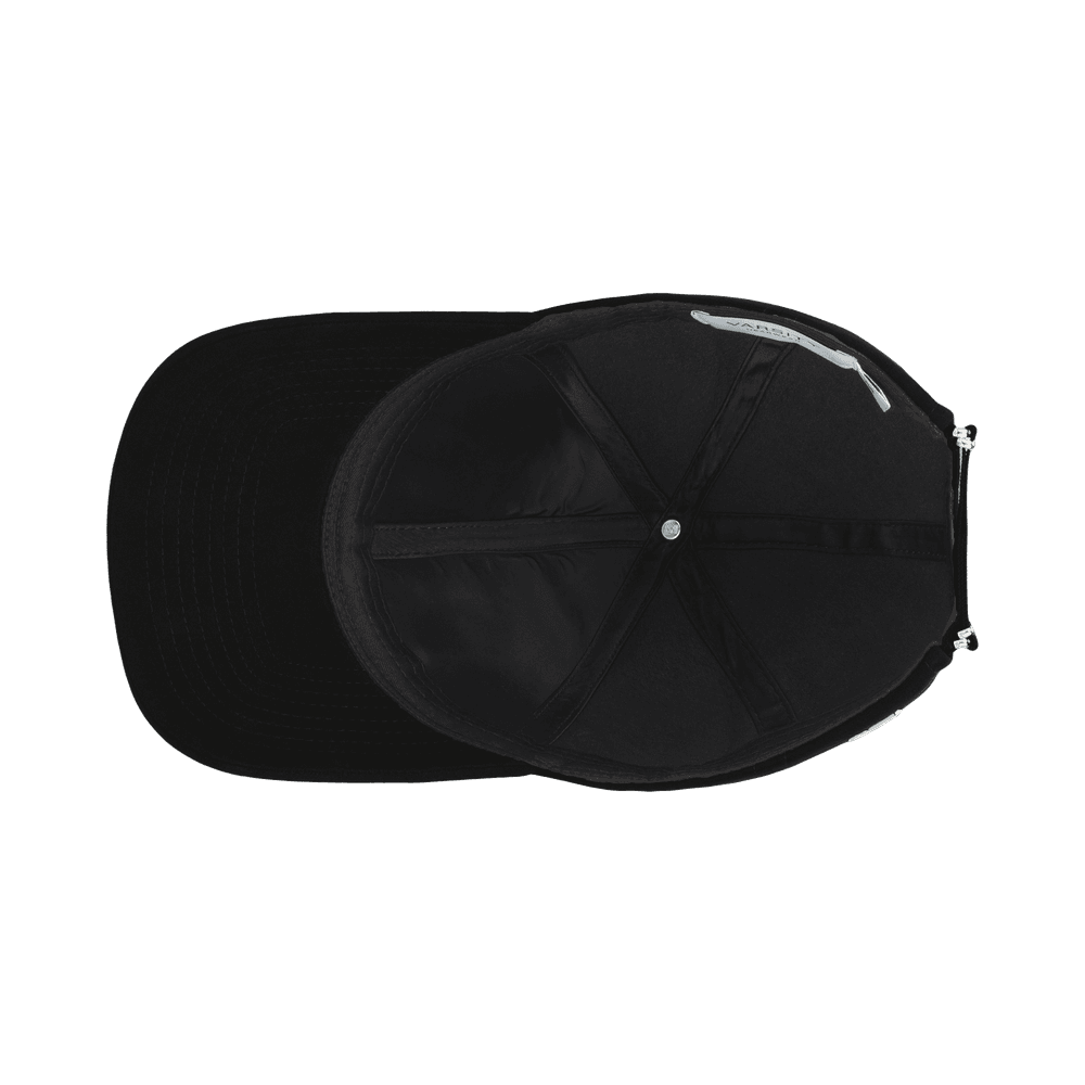 Inside view of an alcantara Varsity Headwear legacy structured notte black baseball cap