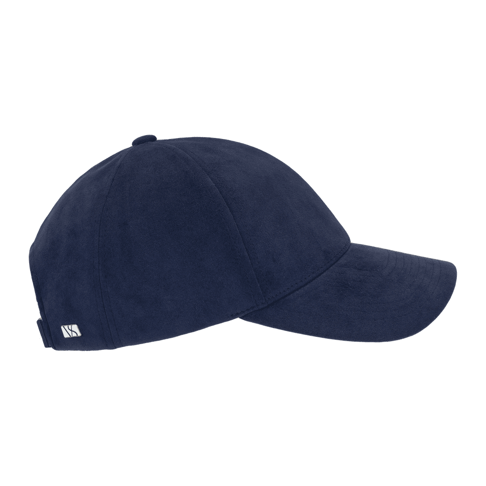 Side view of a commodore blue legacy structured alcantara baseball cap from Varsity Headwear