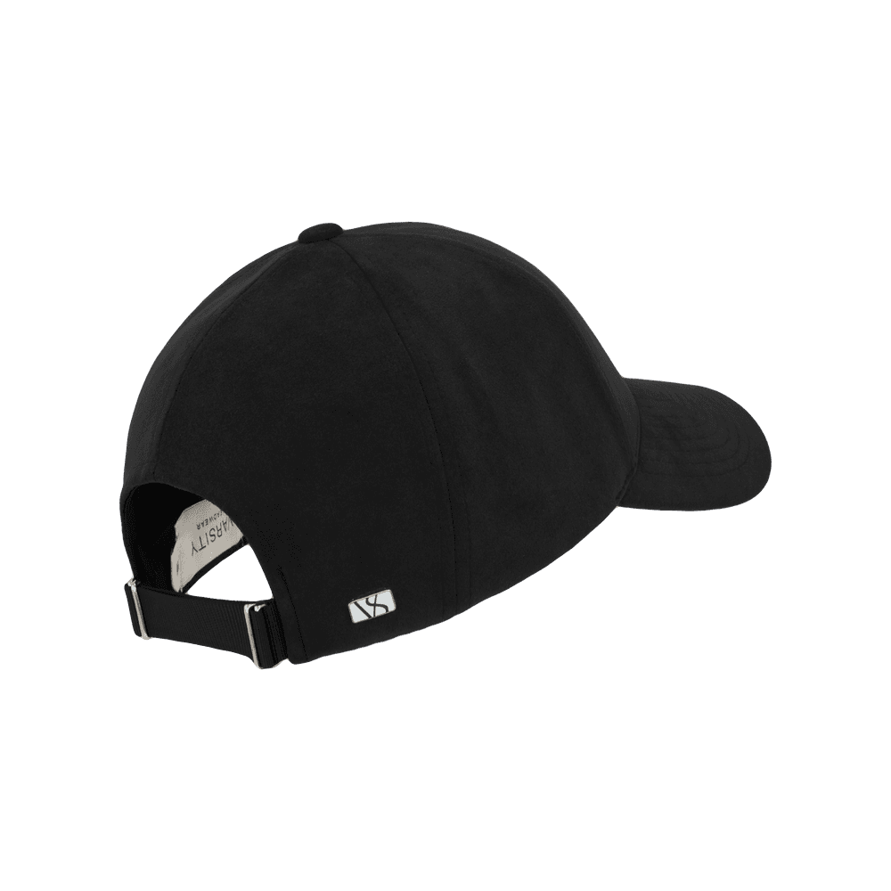 Back view of a Varsity Headwear legacy structured alcantara baseball cap, shown in color notte black