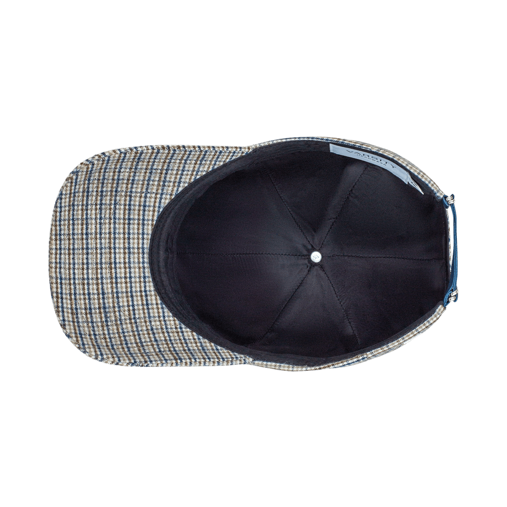 Inside view of a Varsity Headwear legacy structured brown check flannel baseball cap in cotton