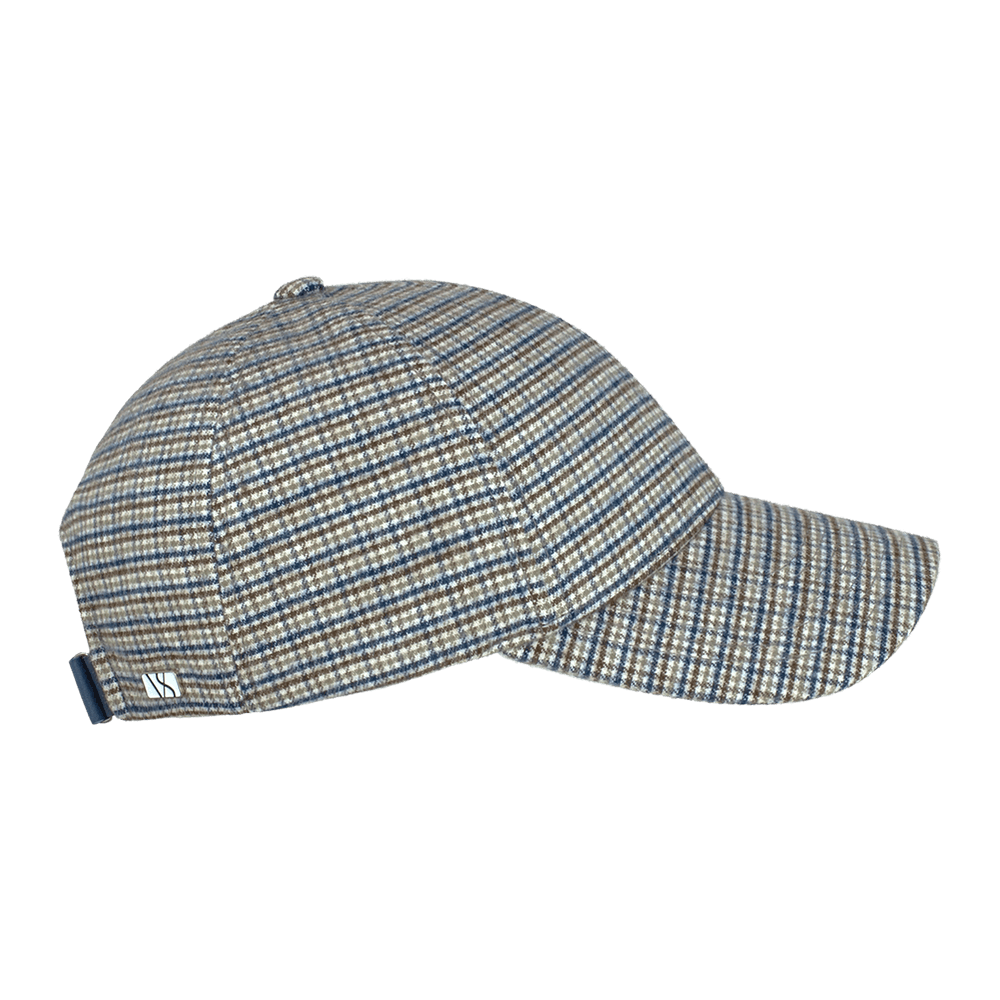 Side view of a Varsity Headwear legacy structured brown check flannel baseball cap in cotton
