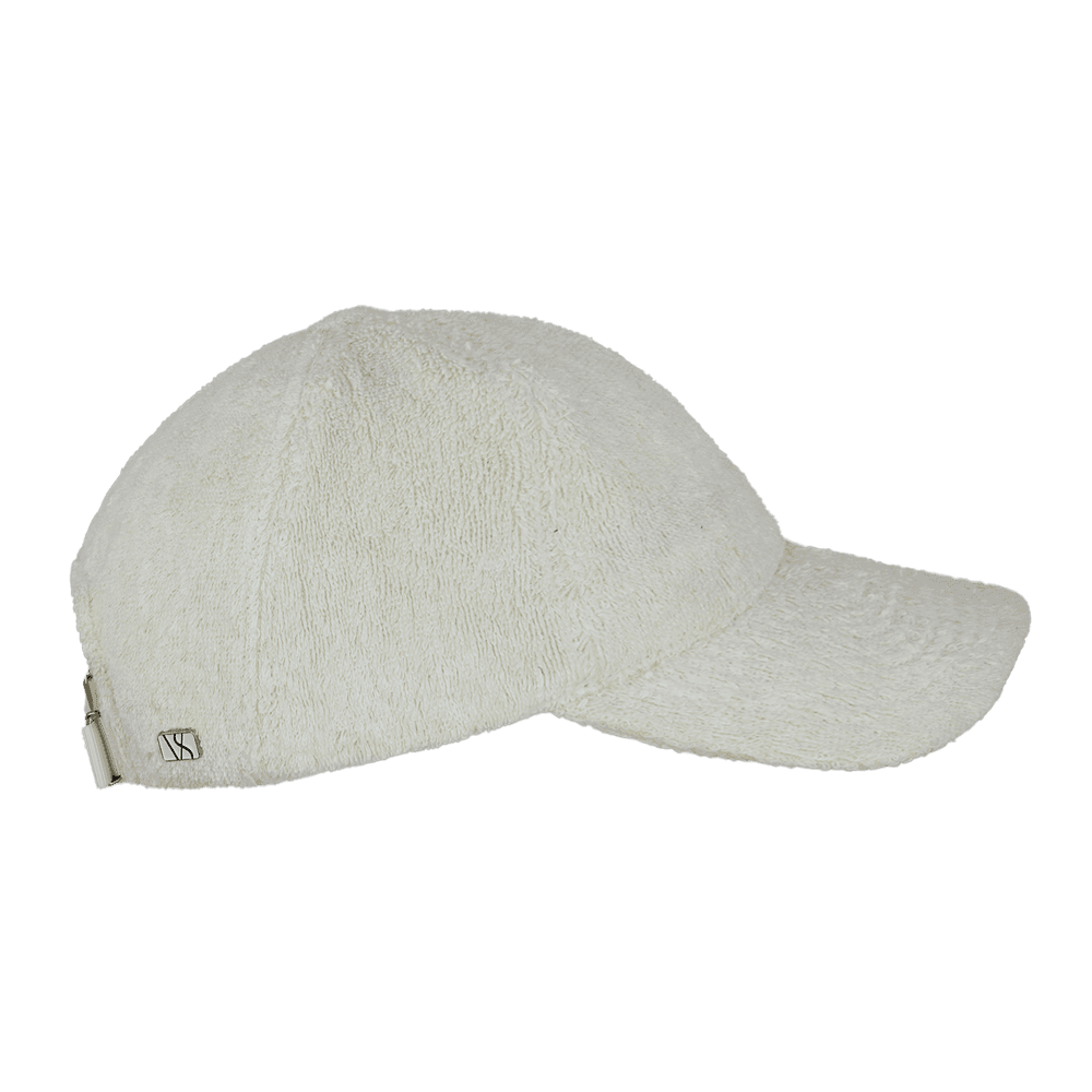 Side view of a Varsity Headwear legacy soft off-white terry cloth baseball cap