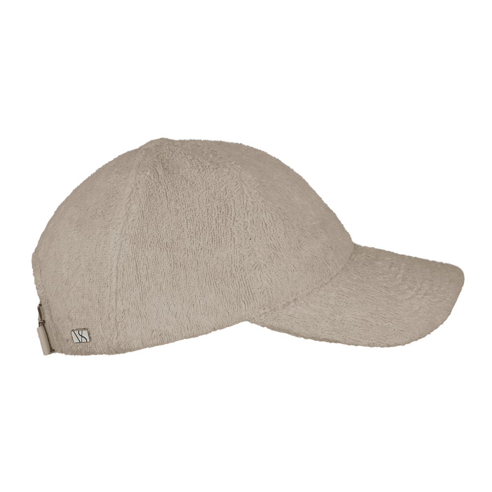 Side view of a Varsity Headwear legacy soft beige terry cloth baseball cap