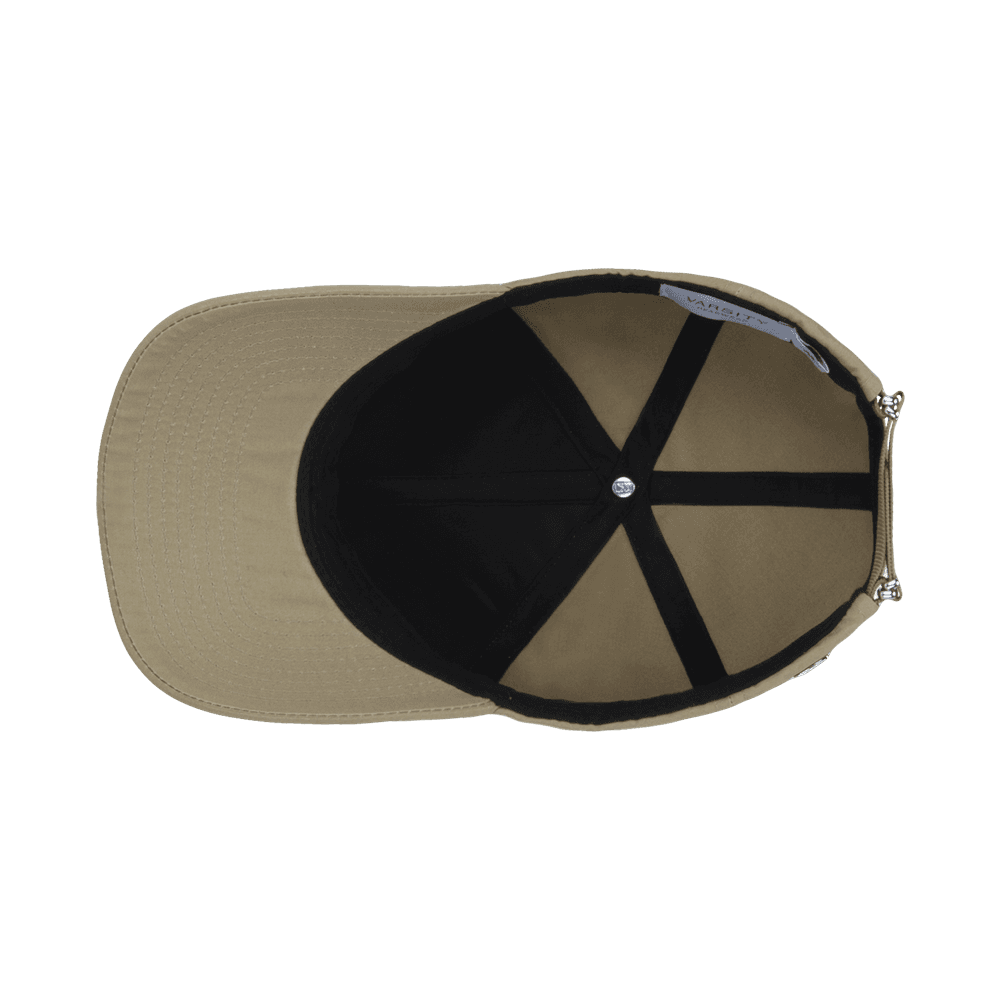 Inside view of a Varsity Headwear legacy structured ventile cotton sand beige baseball cap