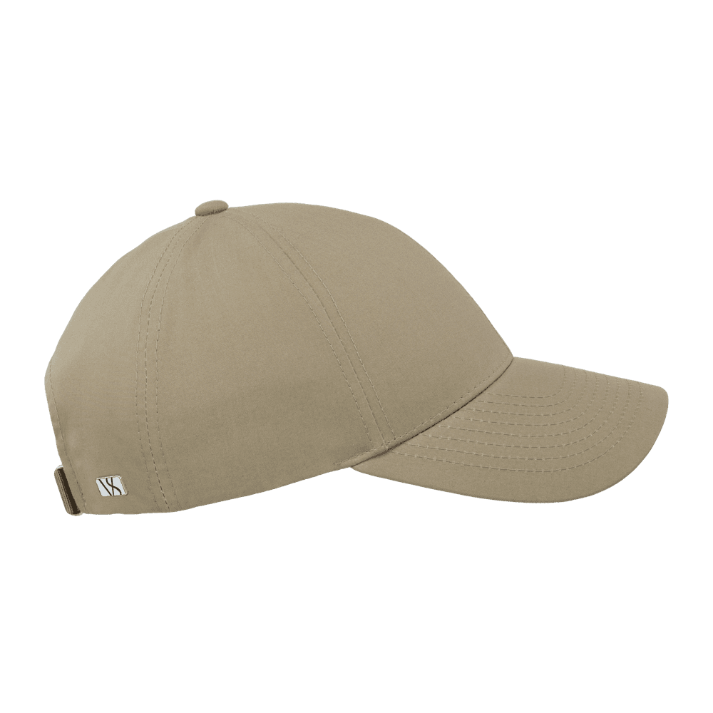 Side view of a Varsity Headwear legacy structured ventile cotton sand beige baseball cap