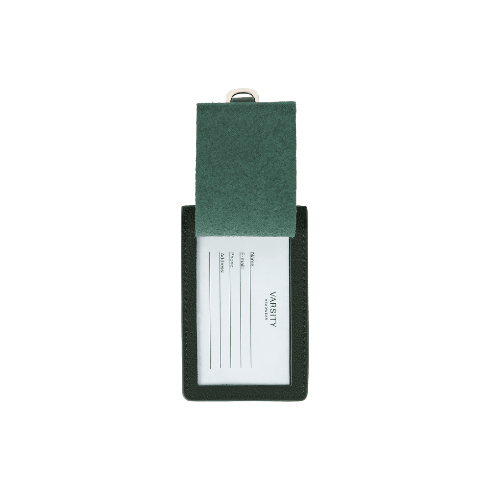 Inside picture of Varsity Headwear green leather luggage tag