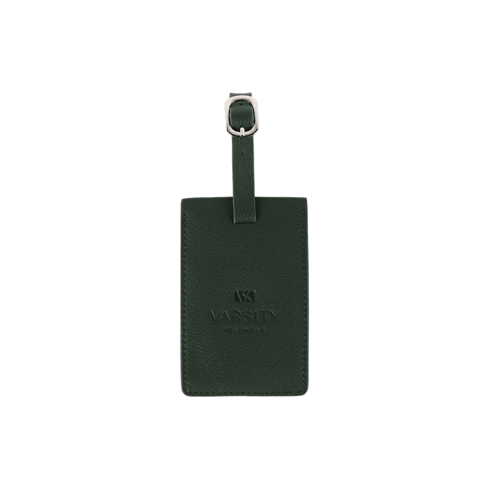 Front picture of Varsity Headwear green leather luggage tag