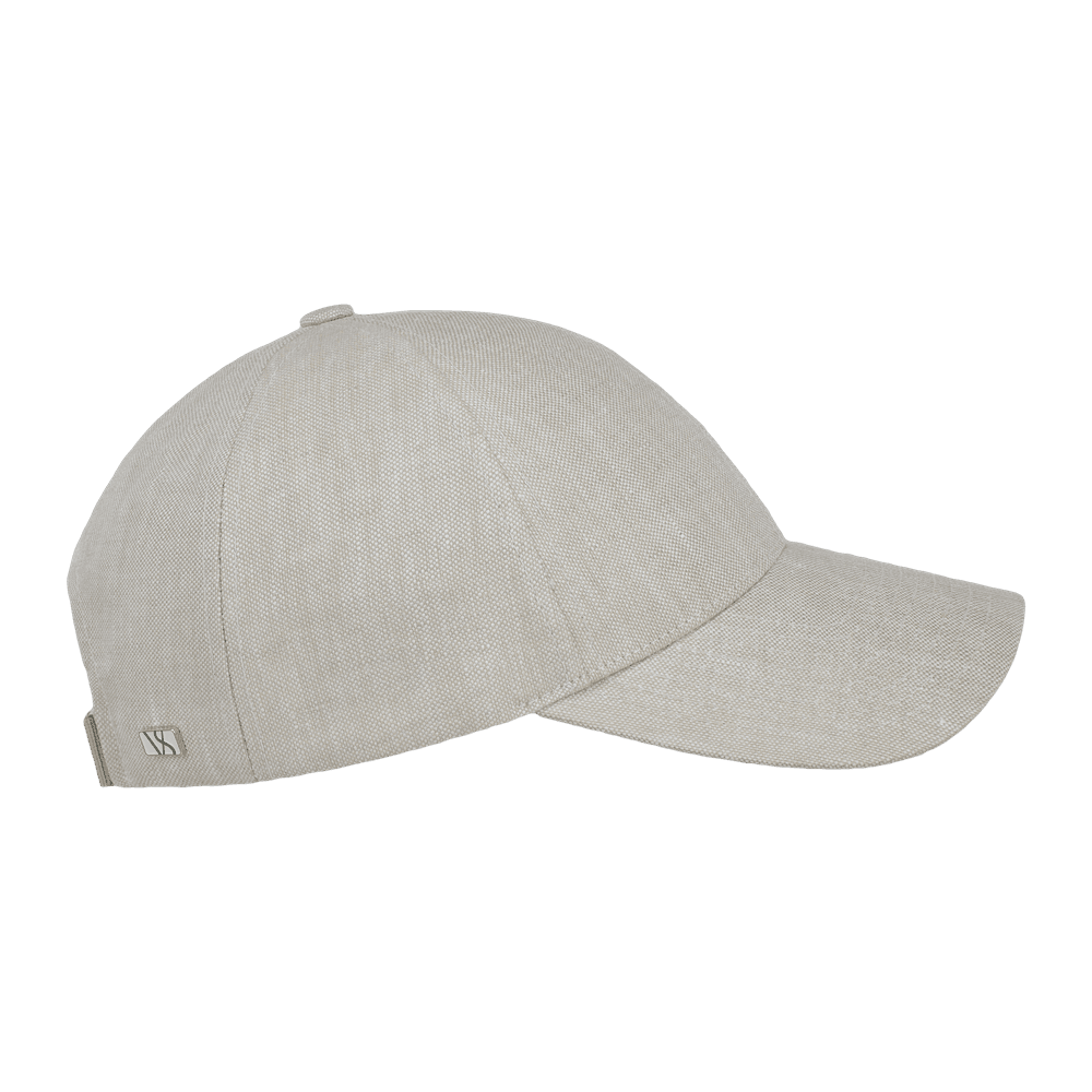 Side view of a legacy structured linen cap in hampton beige